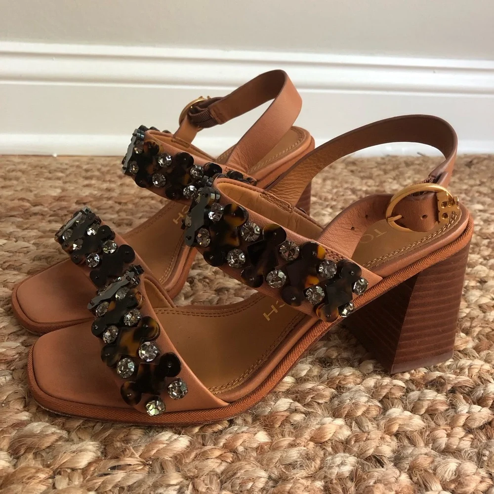 Tory Burch Delaney Embellished Heeled Sandal. Calf Leather. Size 6.5